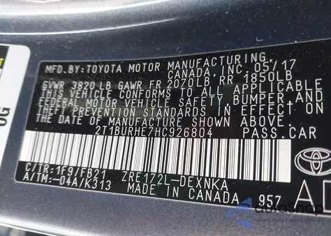 2017 Toyota Corolla Le из США, поврежденный, VIN 2T1BURHE7HC926804